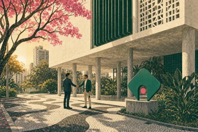 Profissionais conversando na calçada entre edifícios e ipês